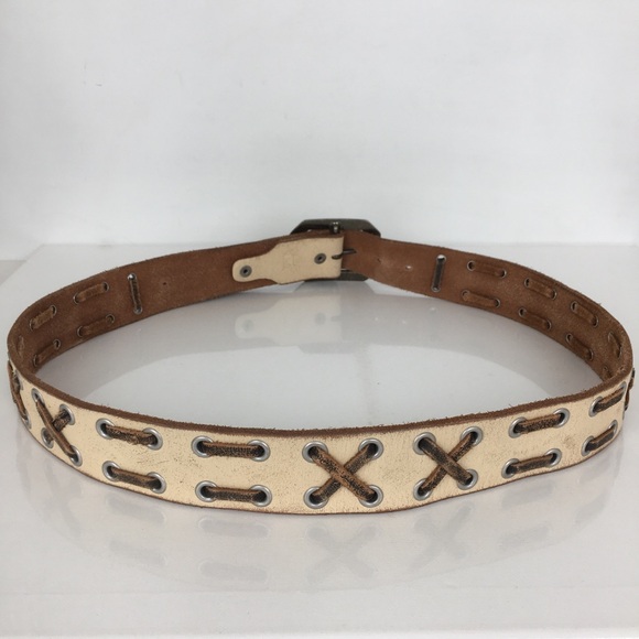 True Religion Distress Leather Belt Metal Grommets Woven Leather Vintage Look - Picture 8 of 10